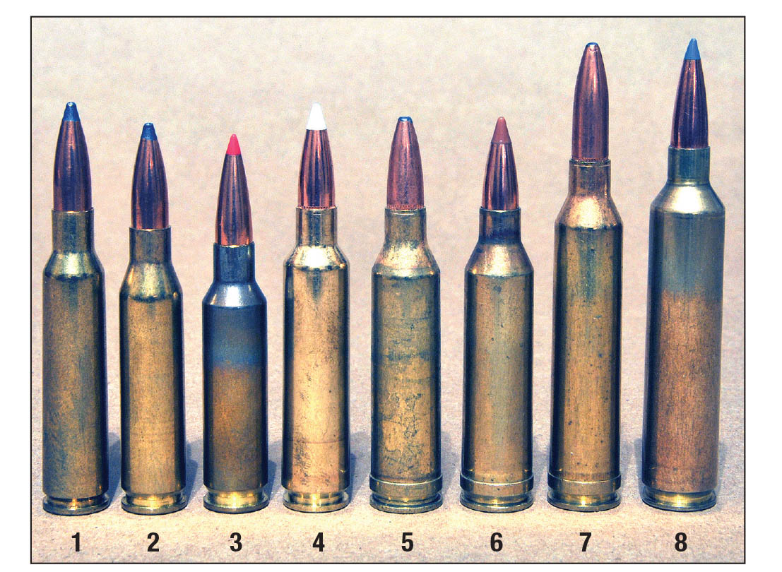 These 6.5mm sporting cartridges include (1) the 6.5x55 with a Sierra 120-grain Pro-Hunter; (2) .260 Remington, 120 Pro-Hunter; (3) 6.5 Creedmoor, 129 InterBond; (4) 6.5-284 Norma, 130 AccuBond; (5) 6.5 Remington Magnum, 120 Core-Lokt; (6) 6.5 Remington Magnum, 120 Ballistic Tip; (7) .264 Winchester Magnum, 140 Core-Lokt and (8) a preproduction .26 Nosler.